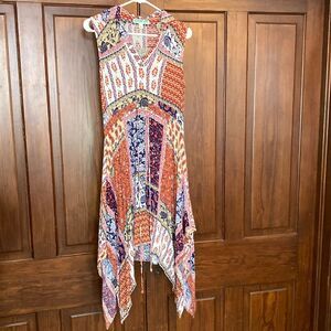 Dina Be Handkerchief Hem Floral Collared V-neck Sleeveless Drawstring Dress S